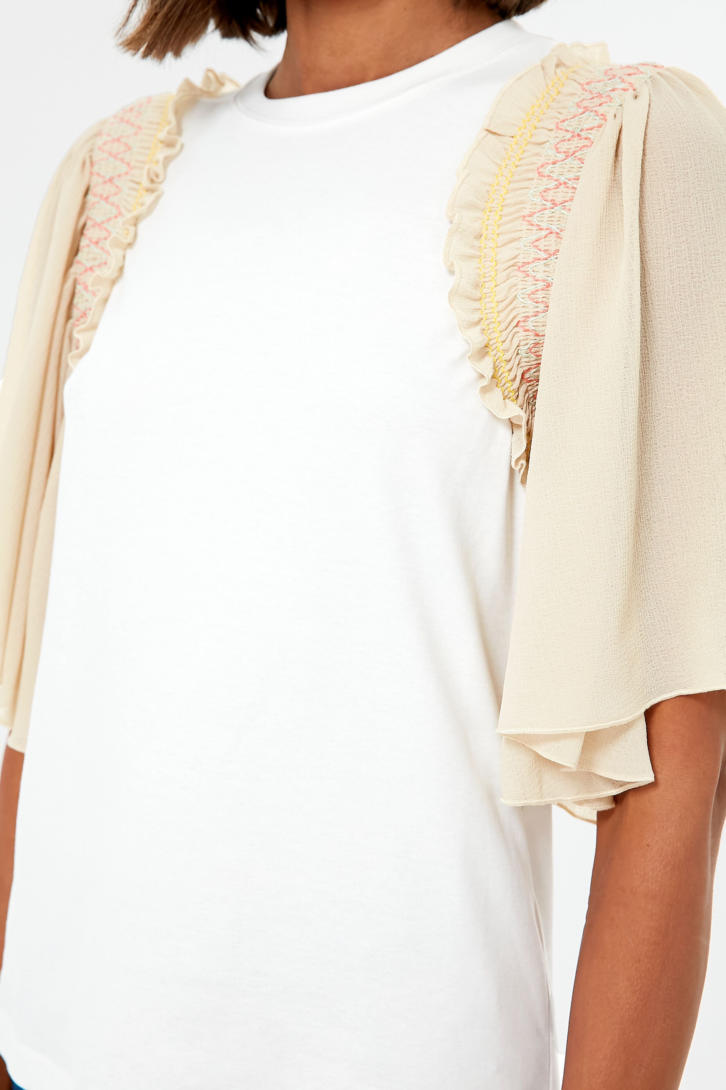 Crystal White Smocked Sleeve Embellished Tee