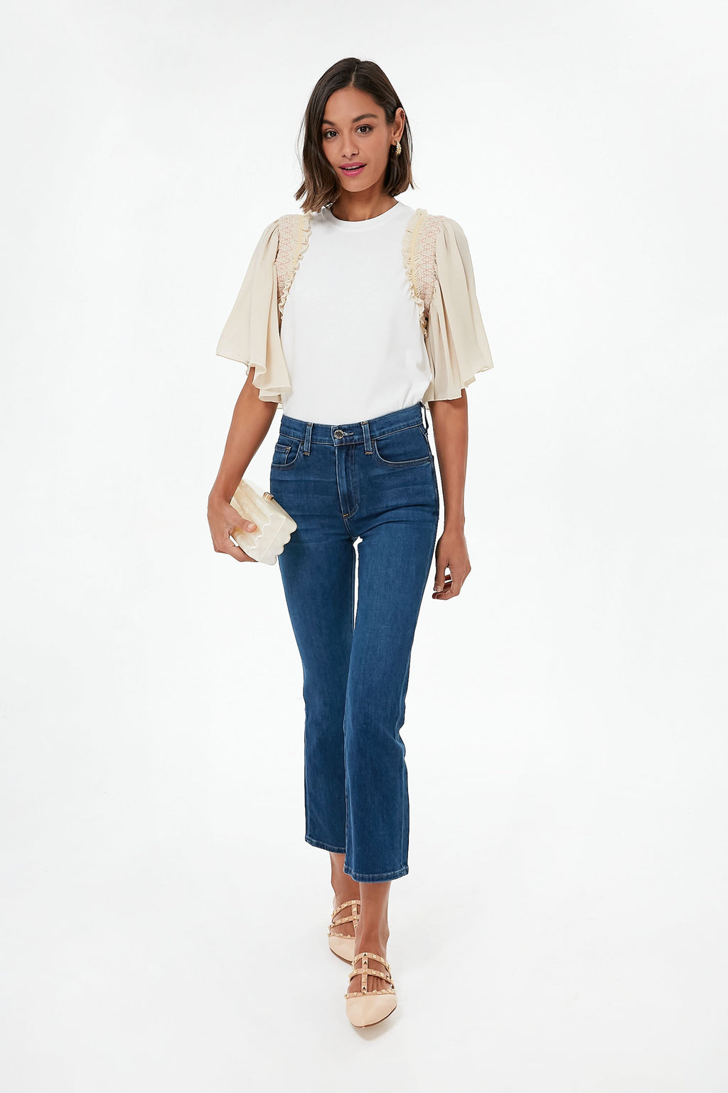 Crystal White Smocked Sleeve Embellished Tee